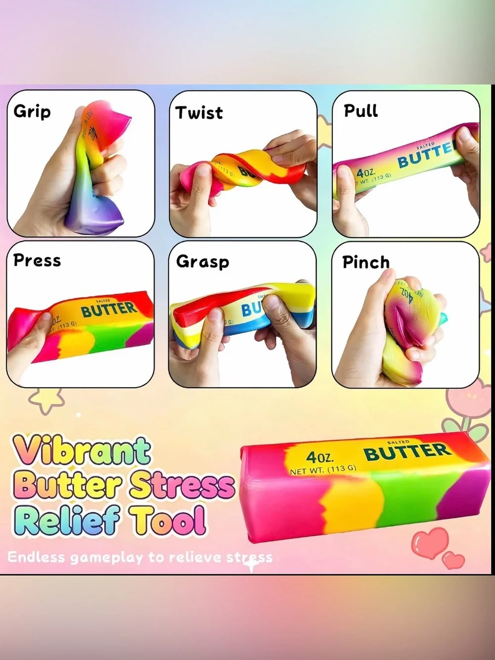 3 Pack Rainbow Butter Stick Squishy Toy Slow Rising Stress Relief Squeeze Toy⁠